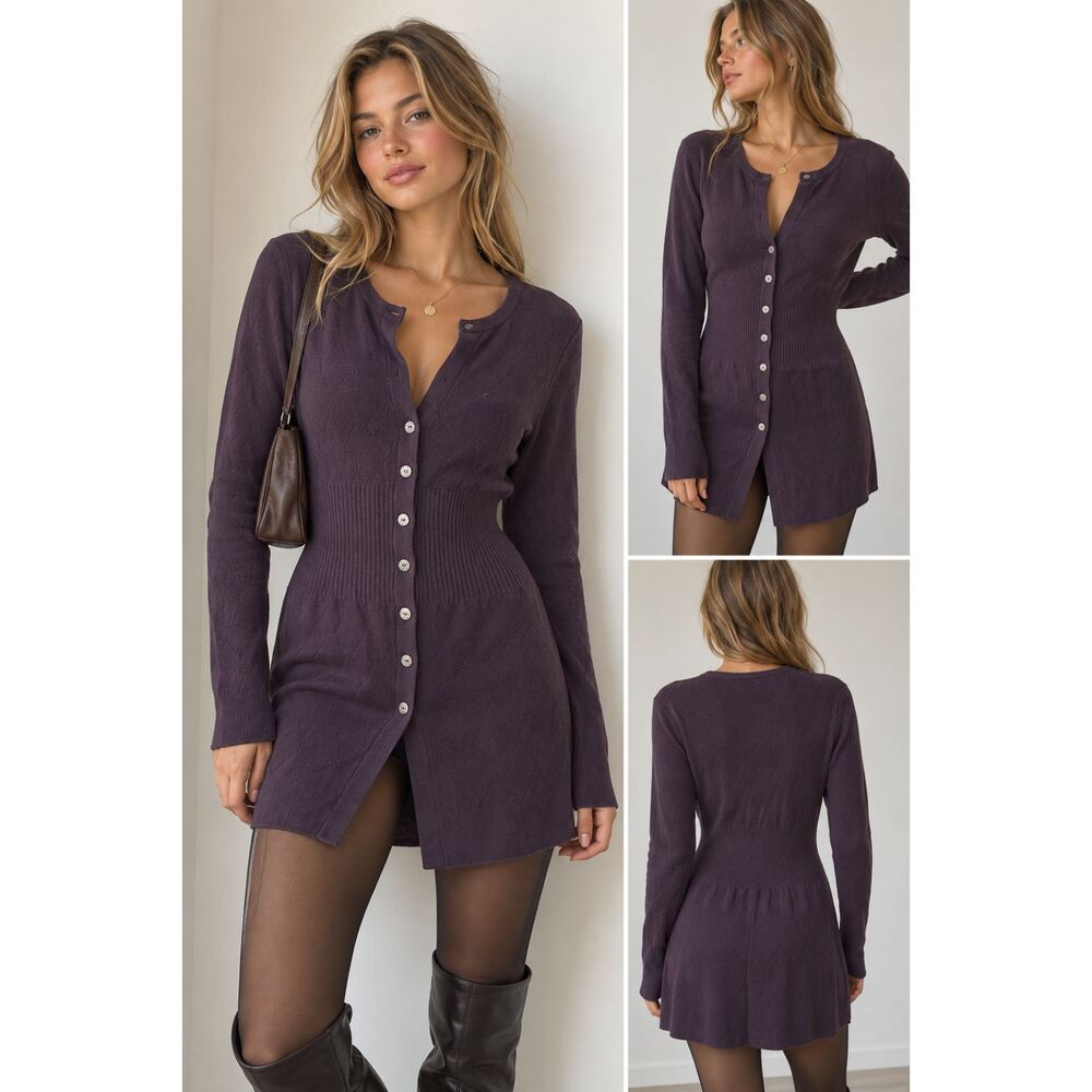 NIC+ZOE Buttoned Knit Dress Eggplant Large